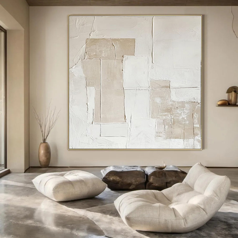 Beige, White with Textured Blocks "Textured Simplicity" Abstract Painting On Canvas PS1293