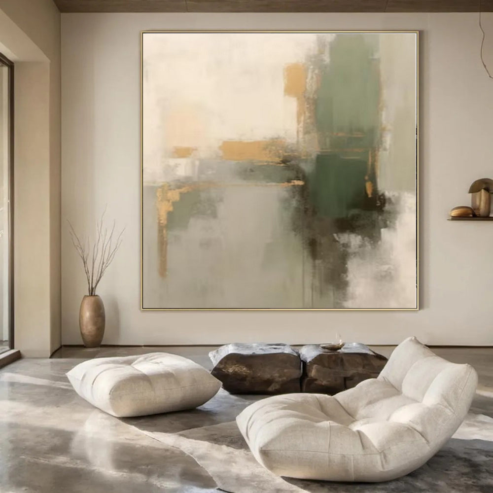 Gray, Gold, Green with Abstract Shapes "Gilded Greens" Abstract Painting On Canvas PS1288