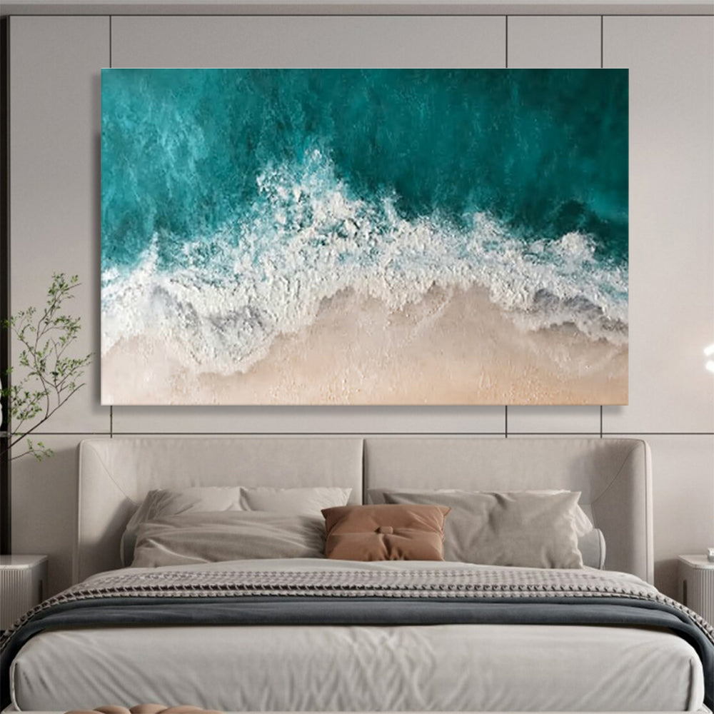 “Aerial Beach Waves” - Turquoise, White & Beige Coastal, Abstract Aerial Painting On Canvas DKS699