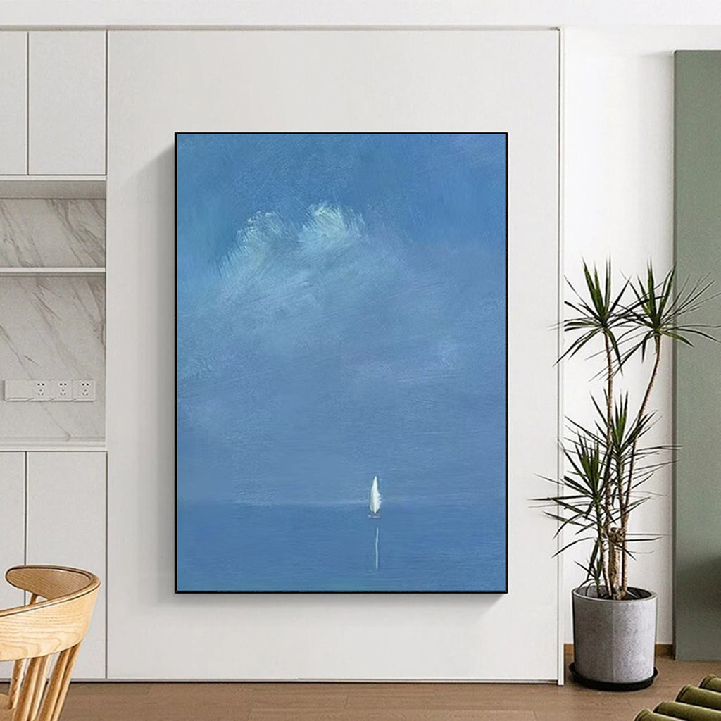 “Pale Blue Distant Sailboat” - Minimalist Maritime Painting On Canvas PT1879