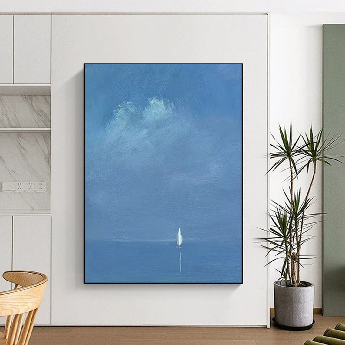 “Pale Blue Distant Sailboat” - Minimalist Maritime Painting On Canvas PT1879