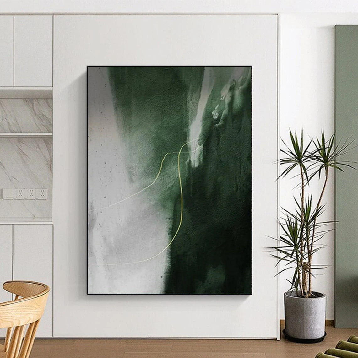 “Green - Yellow Abstract Line” - Green, Gray, Yellow Abstract Minimalist Painting On Canvas PS0649