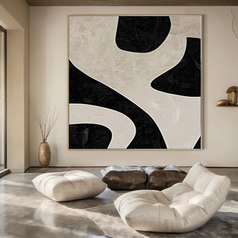 Beige and Black Flowing Shapes "Shadow Dance" Abstract Painting On Canvas PS1100