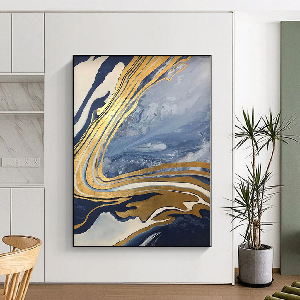 “Blue - Gold Marble Swirls” - Blue, Gold, White Abstract Marbled Painting On Canvas PS0555