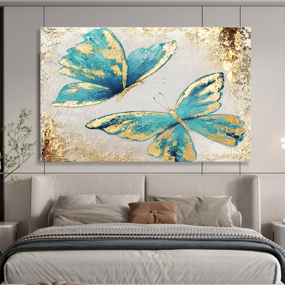 “Blue - Gold Butterfly Duet” - Blue, Gold & White Floral, Decorative Oil Painting On Canvas DKS734