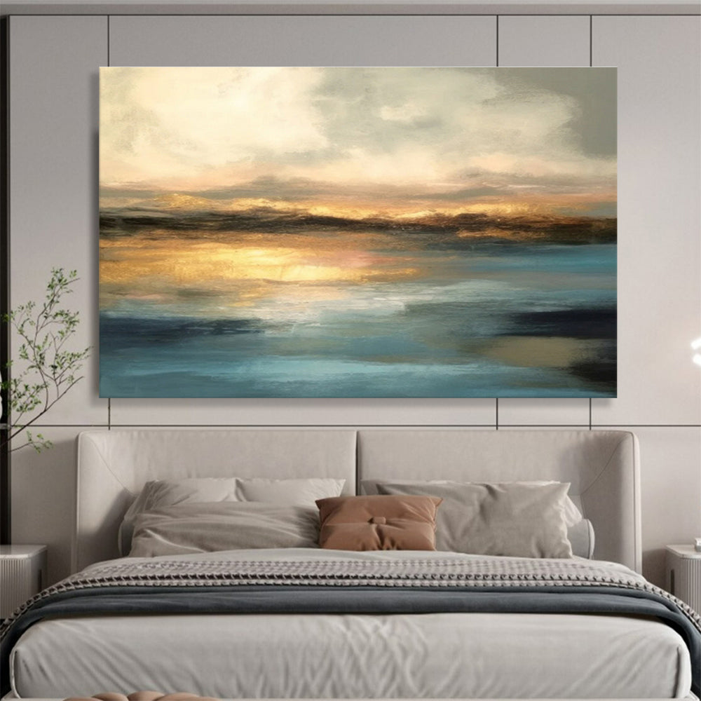 Golden Horizon on Blue - Serene Landscape Painting On Canvas DKS340