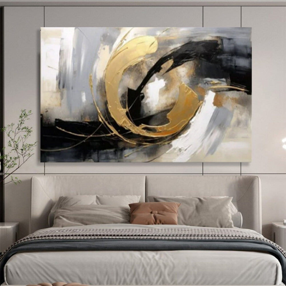 “Gold - Black - White Swirls” - Metallic Accents “Gilded Motion” Painting On Canvas PT1627
