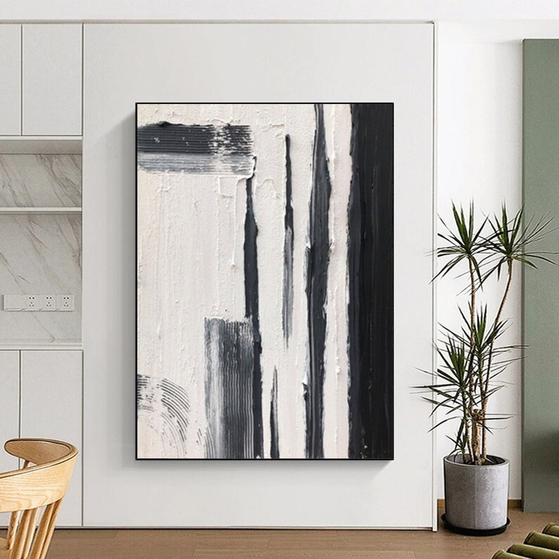 “Black and White Vertical Strokes” - Bold Minimalist Painting On Canvas DS367