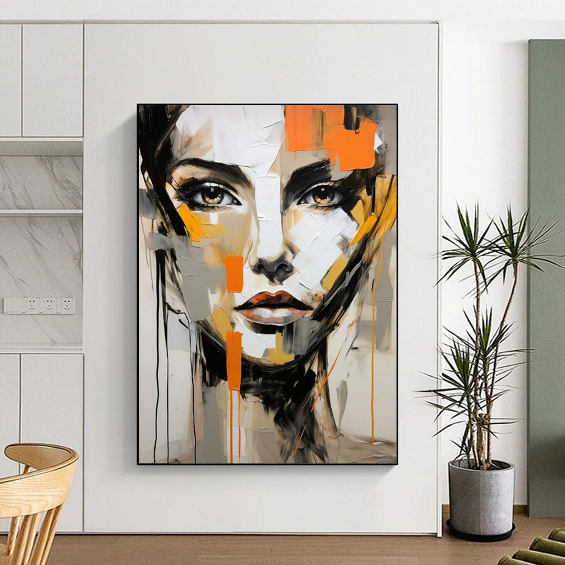 “Abstract Face with Orange Accents” - Contemporary Expressionist Painting On Canvas PT2215