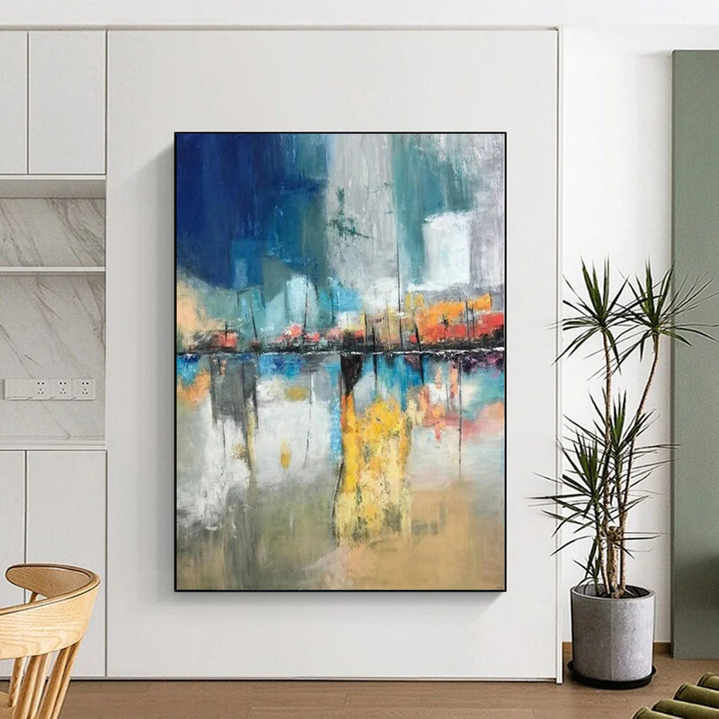 “Blue - Orange Cityscape” - Abstract Impressionist Painting On Canvas PT2331