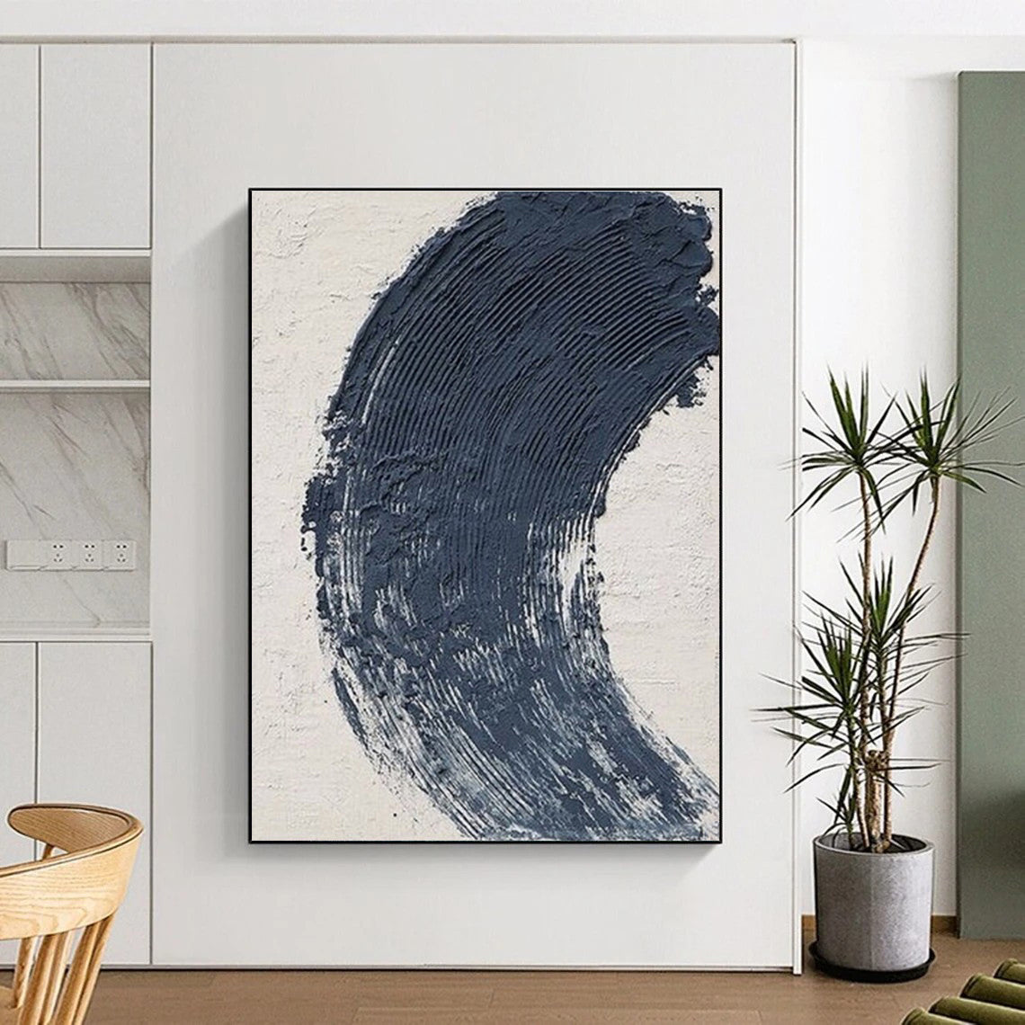 “Bold Blue Textured Stroke” - Blue, White Abstract Minimalist Painting On Canvas PS0680