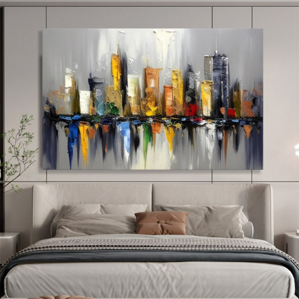 “Colorful Cityscape Reflection” - Impasto Urban Painting On Canvas PT067