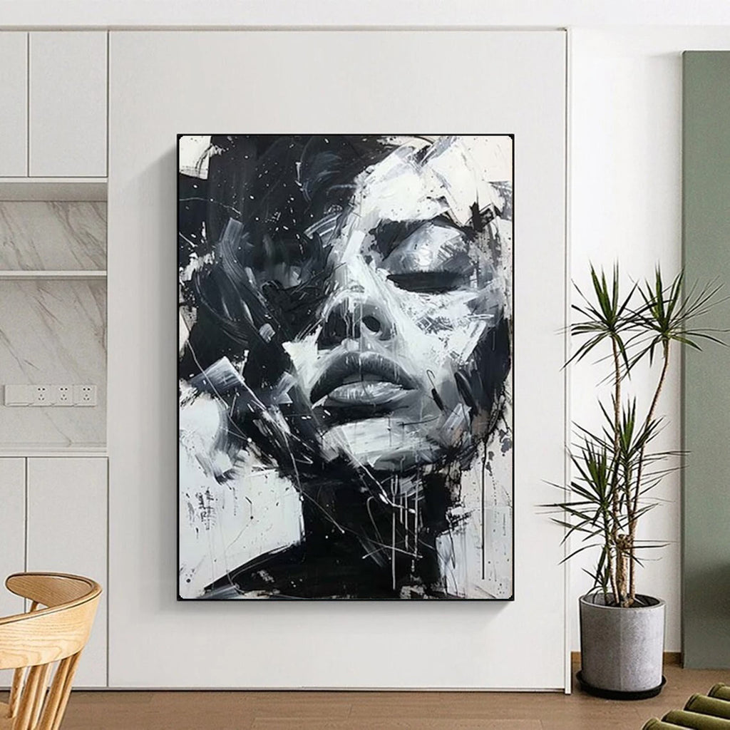 Black & White Dynamic Face, Abstract Expressionism, Painting On Canvas PT2139