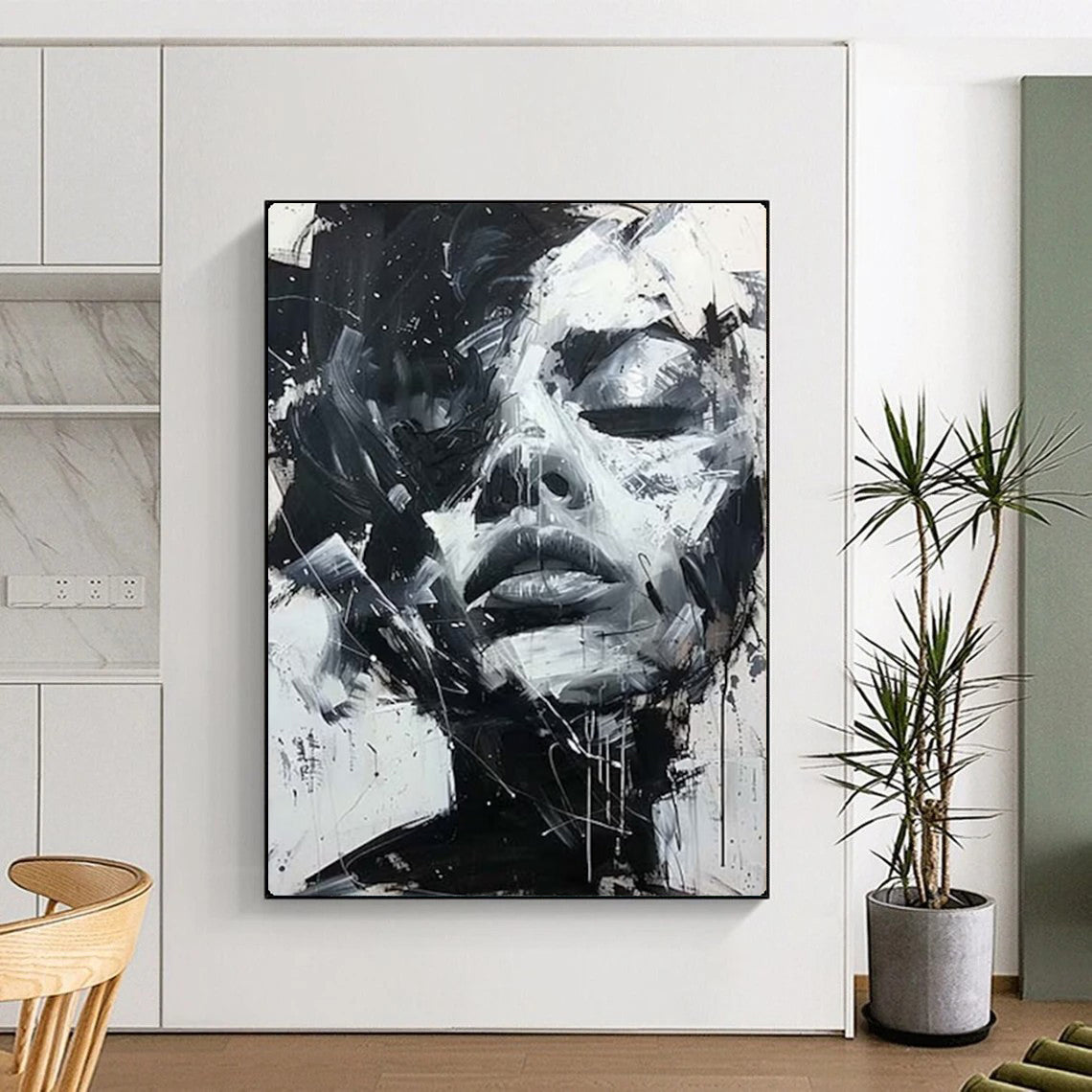 Black & White Dynamic Face, Abstract Expressionism, Painting On Canvas PT2139