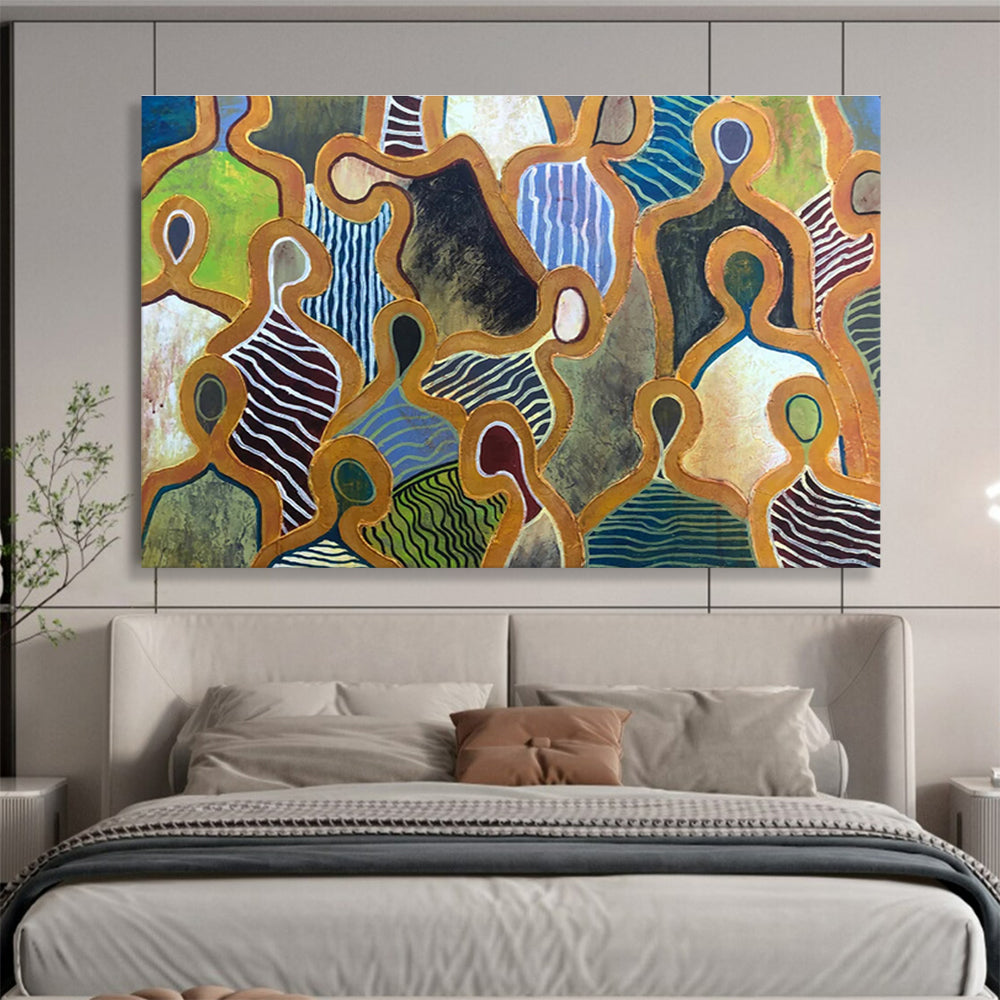“Figurative Pattern Play” - Colorful Abstract Figures, Tribal - Inspired Painting On Canvas DKS716