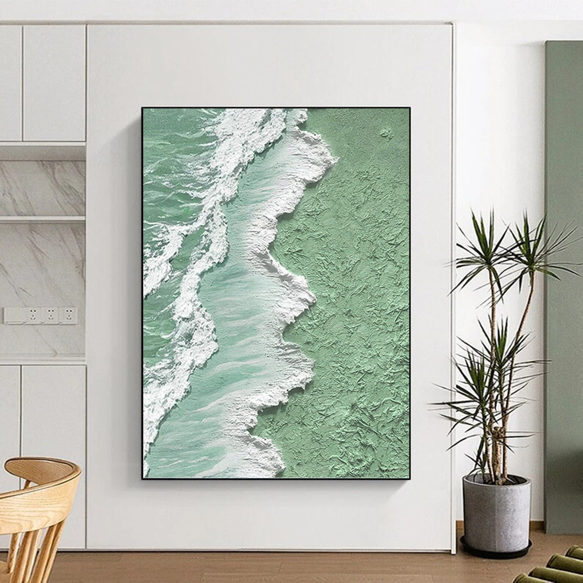 “Pastel Green and White Coastal Textures” - Seascape, Pastel - Toned Painting On Canvas PT1505