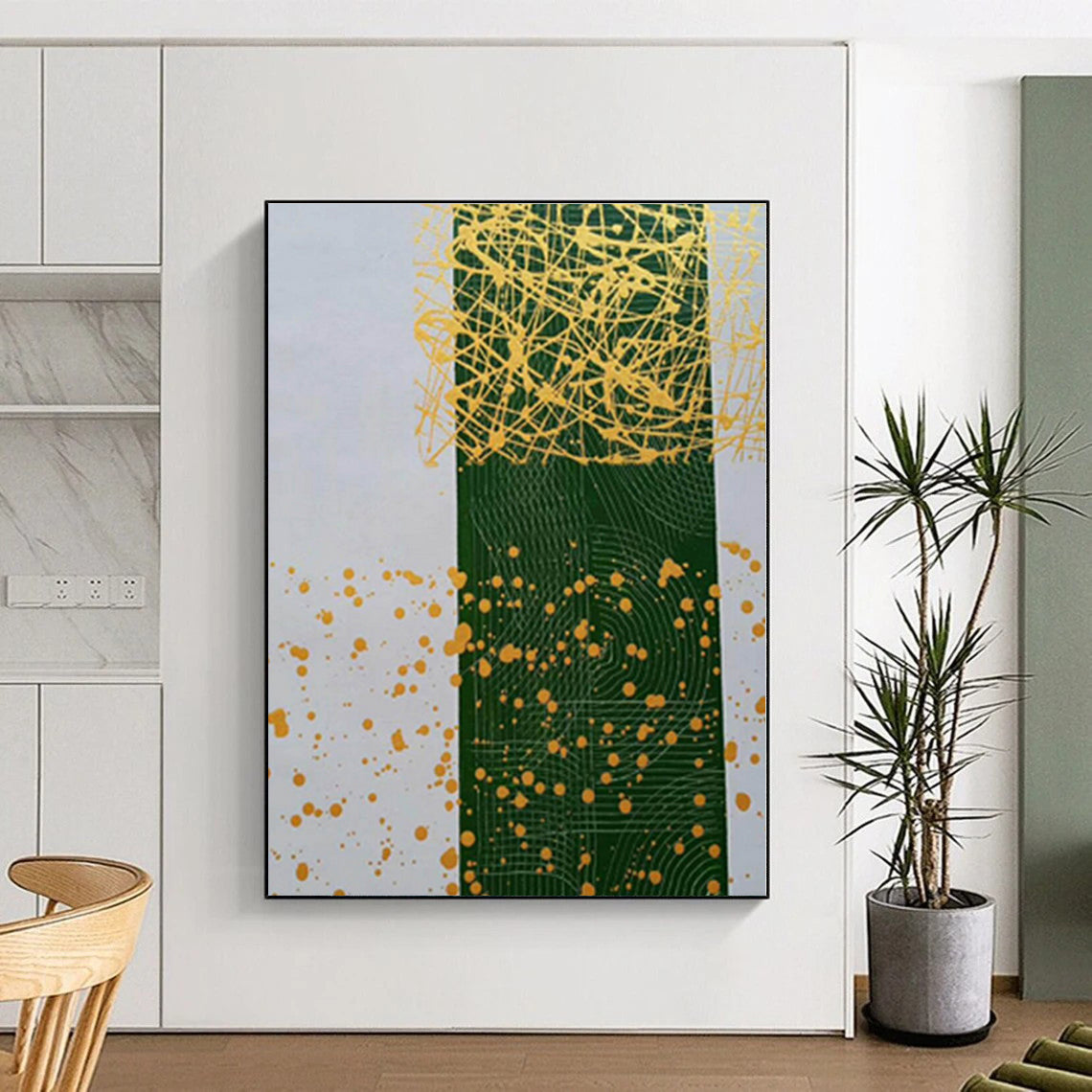 “Green - Yellow Splatter Geometry” - Green, Yellow Abstract Painting On Canvas PS0476
