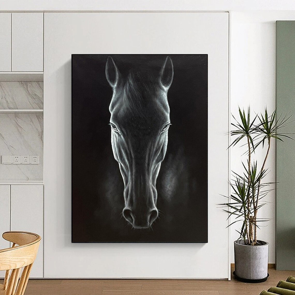 “Realistic Black Horse Portrait” - Hyperrealistic Oil Painting On Canvas PT2177