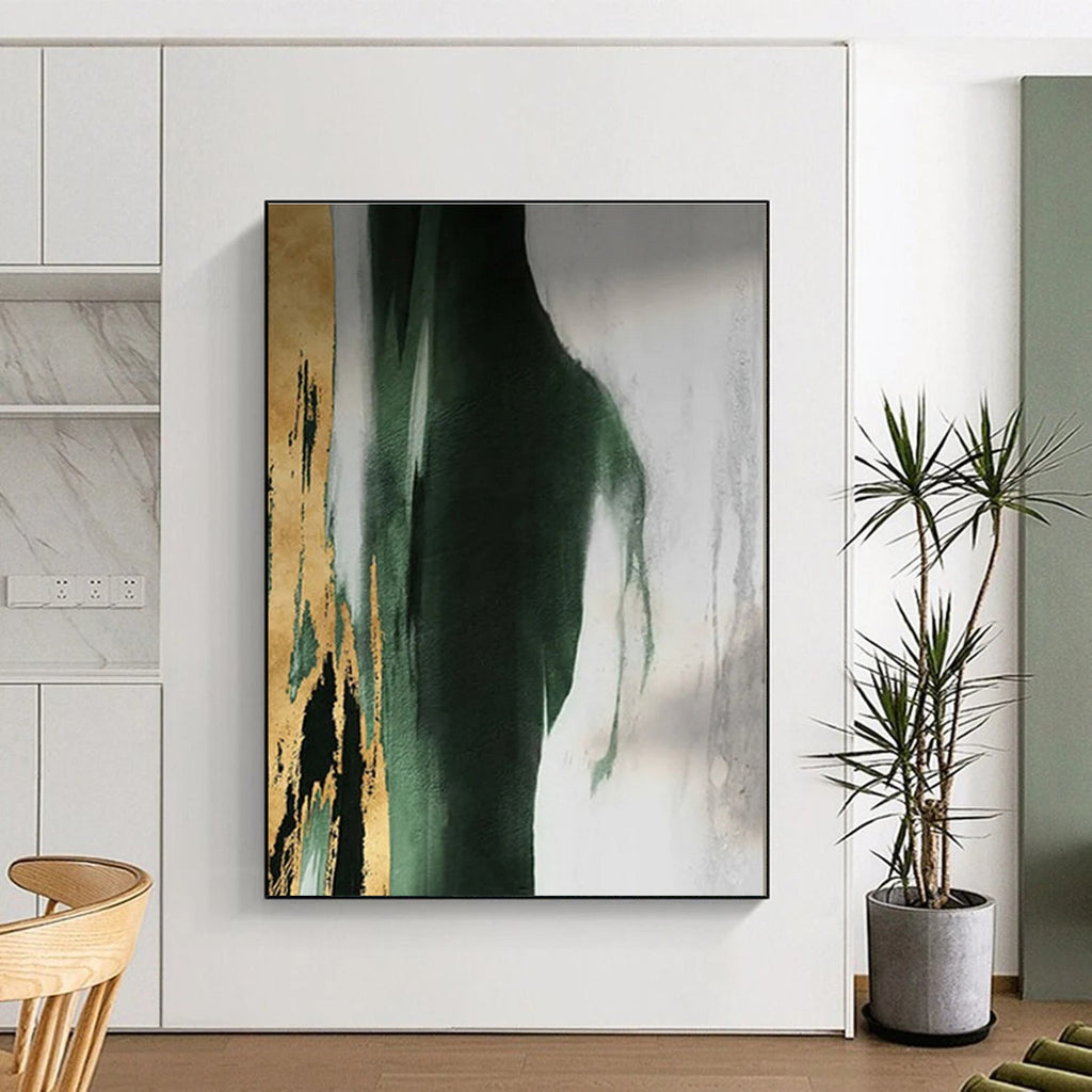 “Gold - Green Abstract Form” - Green, Gray, Gold, White Abstract Minimalist Painting On Canvas PS0640