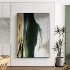 “Gold - Green Abstract Form” - Green, Gray, Gold, White Abstract Minimalist Painting On Canvas PS0640