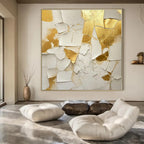 White, Gold with Crackled Textures "Gilded Fragment" Abstract Painting On Canvas PS1381