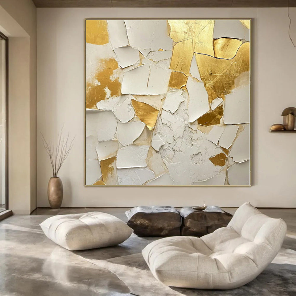 White, Gold with Crackled Textures "Gilded Fragment" Abstract Painting On Canvas PS1381