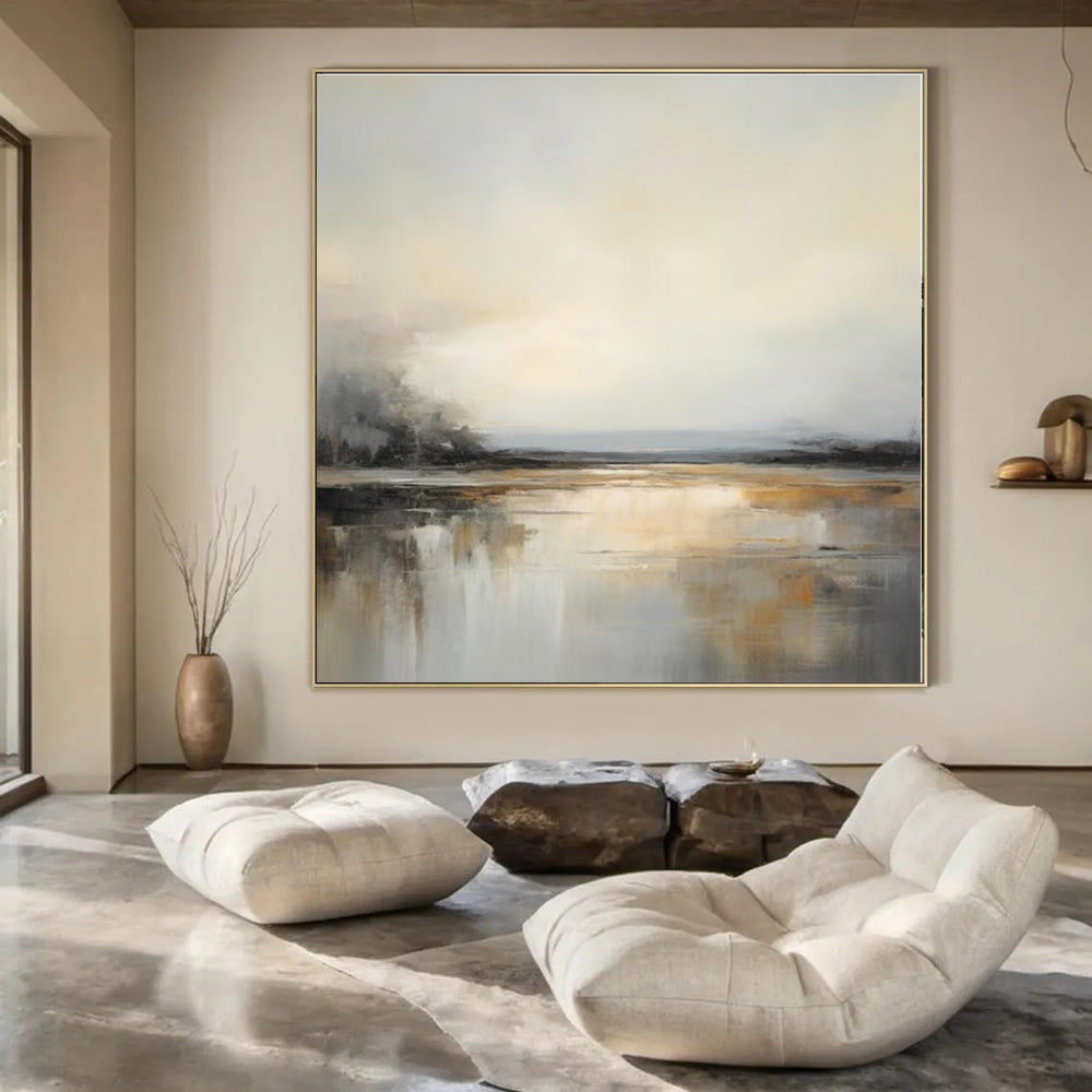 Gray, Beige, Gold with Reflective Landscape "Muted Reflections" Landscape Painting On Canvas PS1284