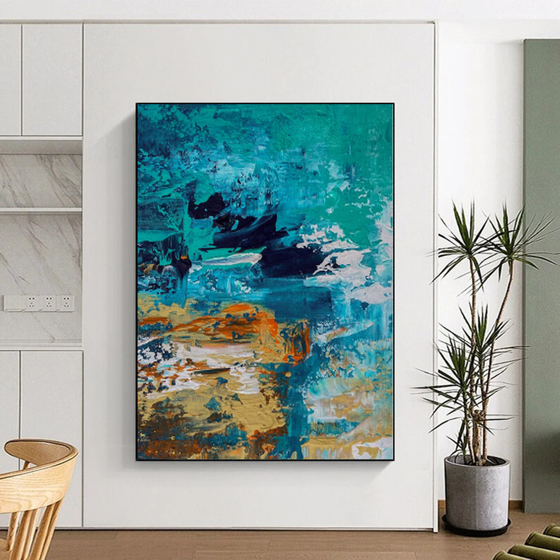 “Teal and Orange Coastal Abstract” - Seaside - Inspired Abstract Painting On Canvas PS0036