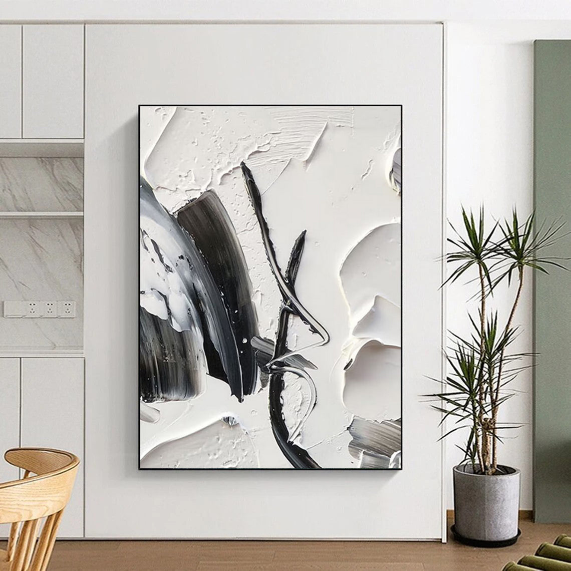“Textured Black - White Abstraction” - Black, White Abstract Minimalist Painting On Canvas PS0702