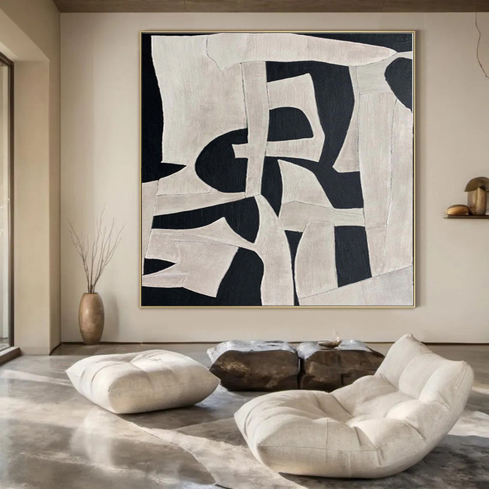 “Black - White Organic Geometric” - Artistic Abstract Painting On Canvas PS0132