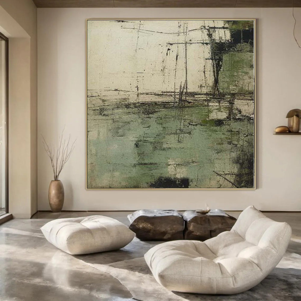 “Green - Gray Textured Abstract” - Rustic Abstract Painting On Canvas PS0166