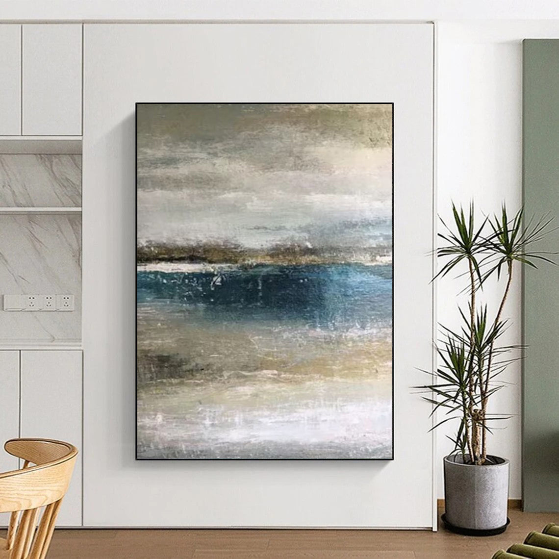 “Muted Tones Seascape: Grey, Blue, and Beige” - Abstract Coastal Painting On Canvas PT0945