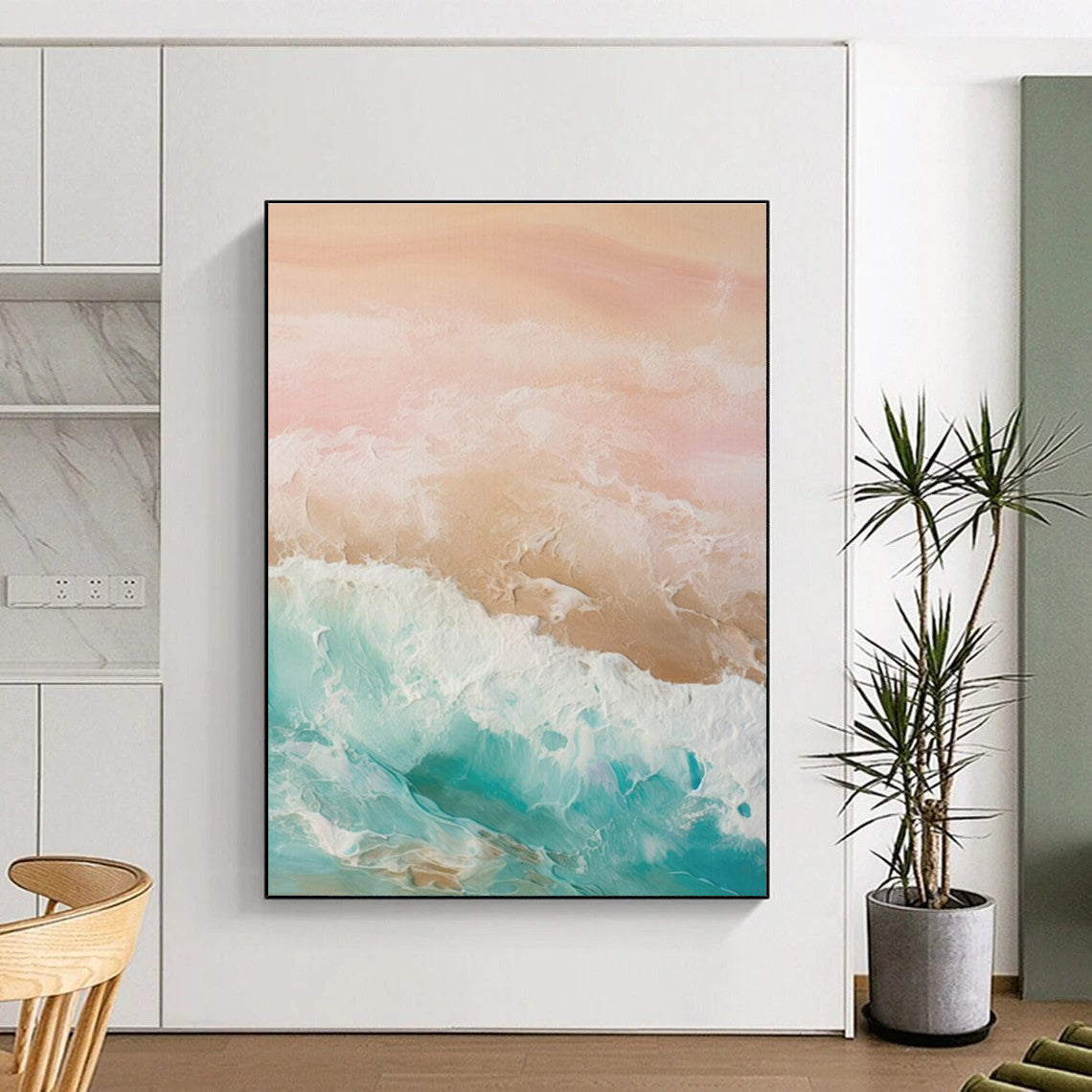 “Pastel Sea Waves” - Pink, Peach, Turquoise, White Abstract Seascape Painting On Canvas PS0751