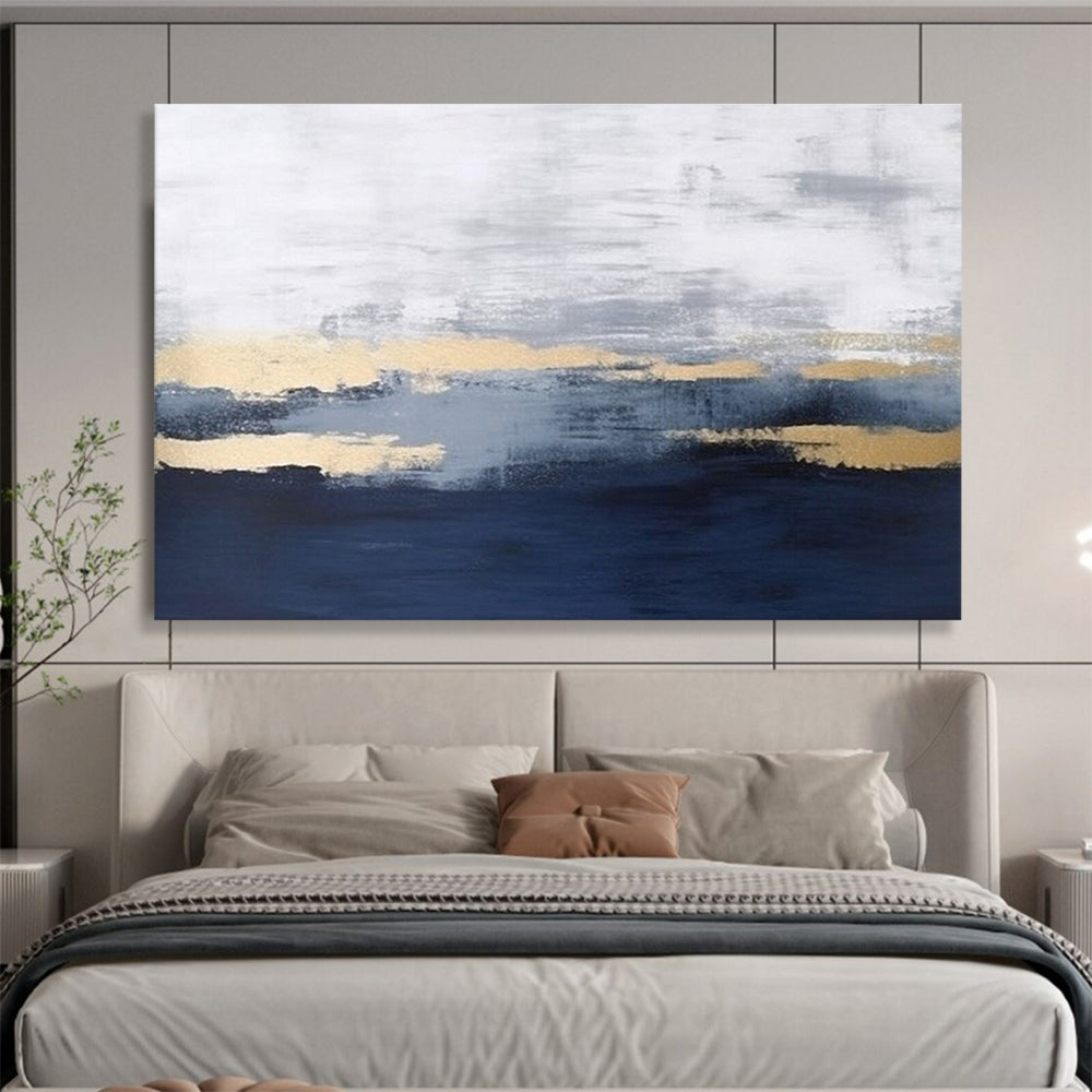“Gray Gold Abstract” - Gray, Gold & Blue Abstract, Minimalist Oil Painting On Canvas DKS786