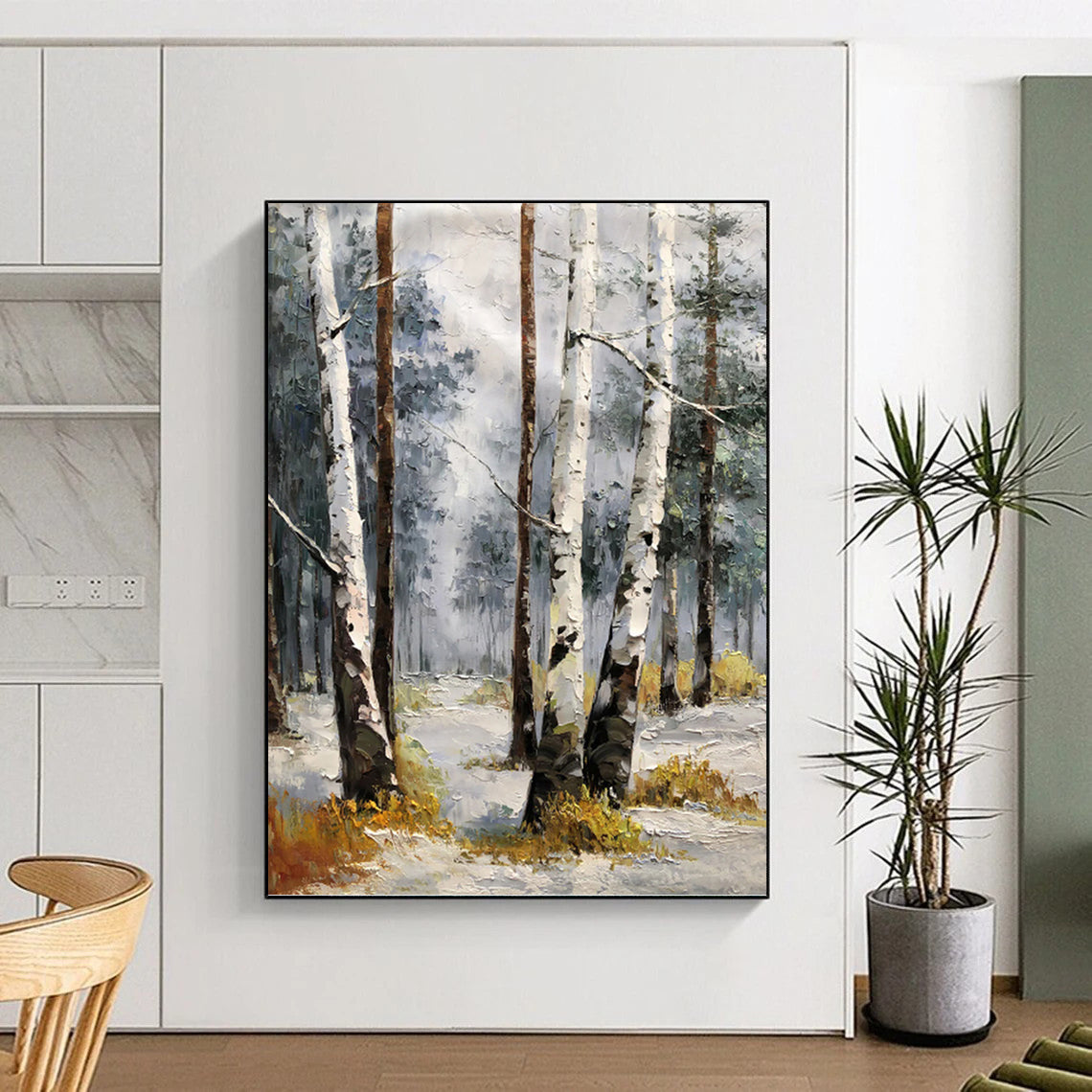 “White - Brown Winter Birch Forest” - Impressionist Landscape Painting On Canvas PT1276