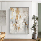 White, Gray & Gold Abstract Splatter "Gilded Mist" Painting On Canvas PS0866