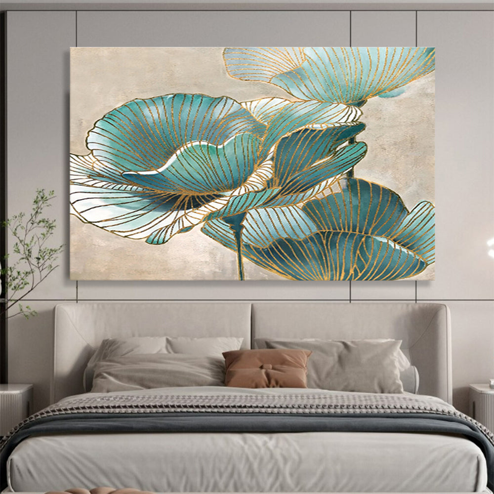 “Teal & Gold Flowers” - Decorative Floral Painting On Canvas DKS428