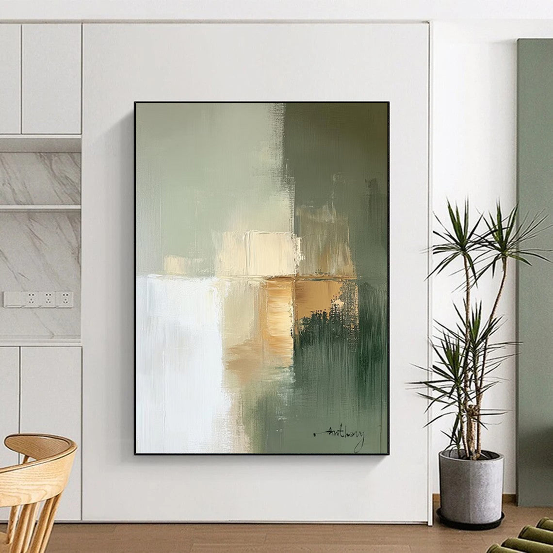 “Soft Green - Gold Abstract Blocks” - Abstract Painting On Canvas PT2081