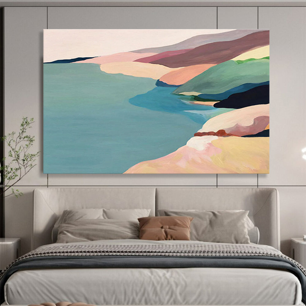“Pastel Coastal Hills” - Blue, Pink & Beige Landscape, Minimalist Oil Painting On Canvas DKS741