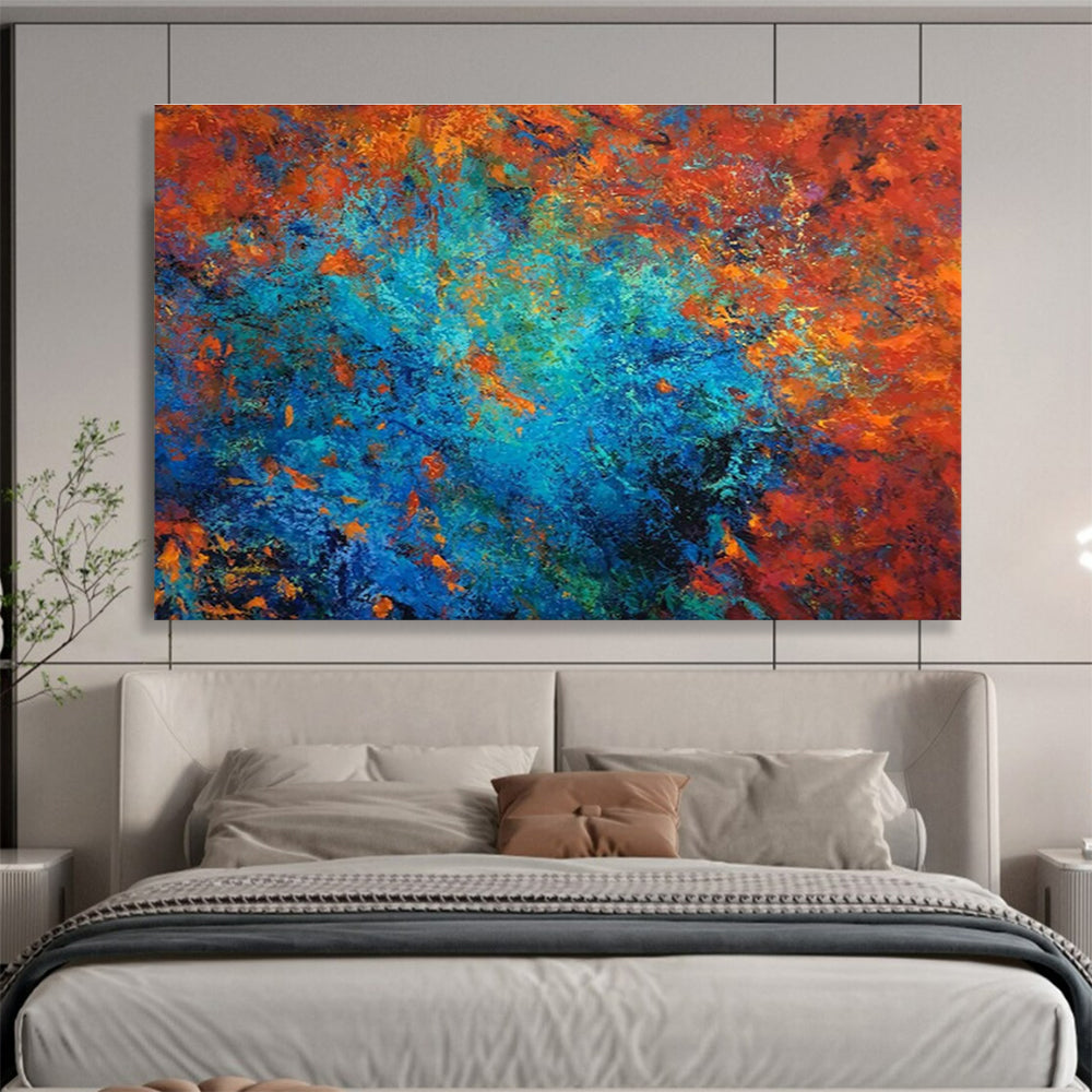 “Fiery Blue Abstract Burst” - Red, Blue & Orange Abstract, Energetic Acrylic Painting On Canvas DKS723