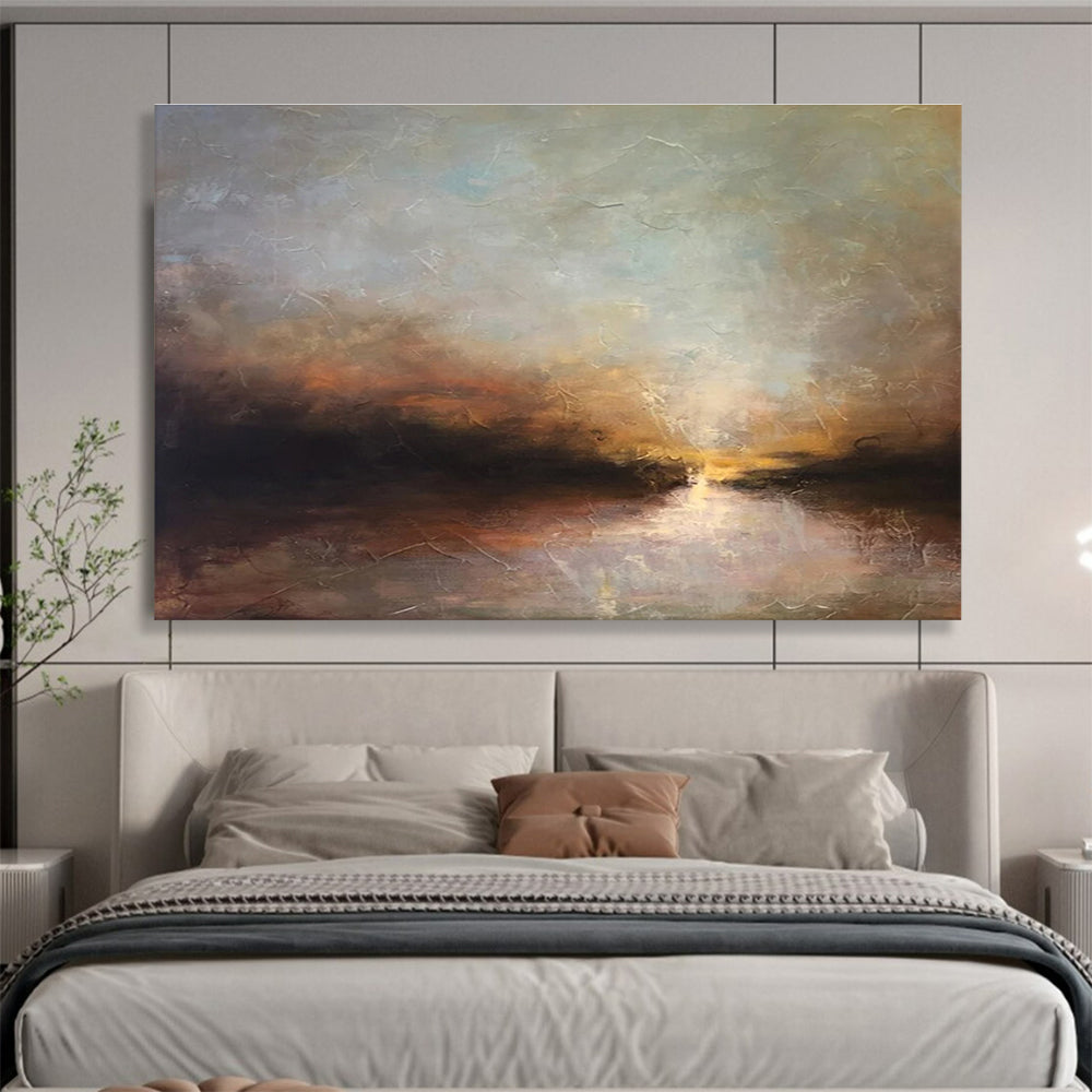 “Sunset River Glow” - Orange, Blue & Gold Landscape, Impressionistic Oil Painting On Canvas DKS774