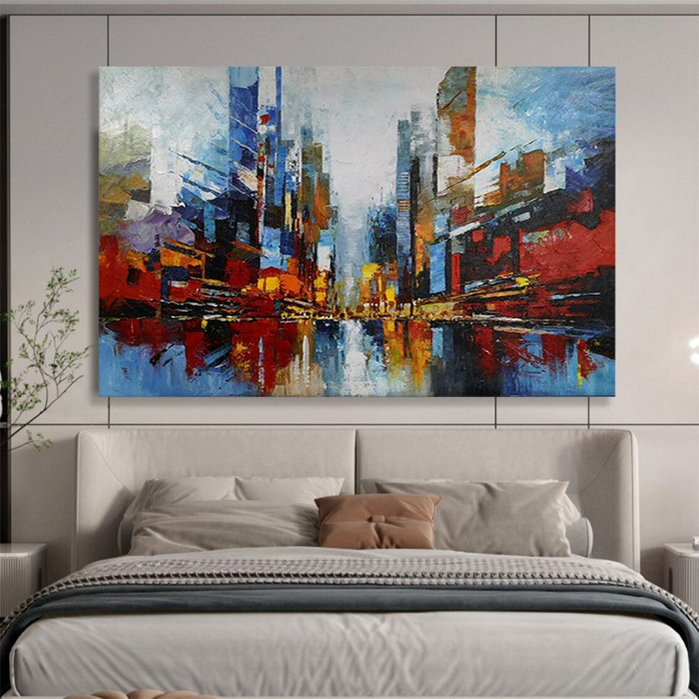 “Colorful Abstract Cityscape” - Vibrant Urban “Metro Blur” Painting On Canvas PT1673