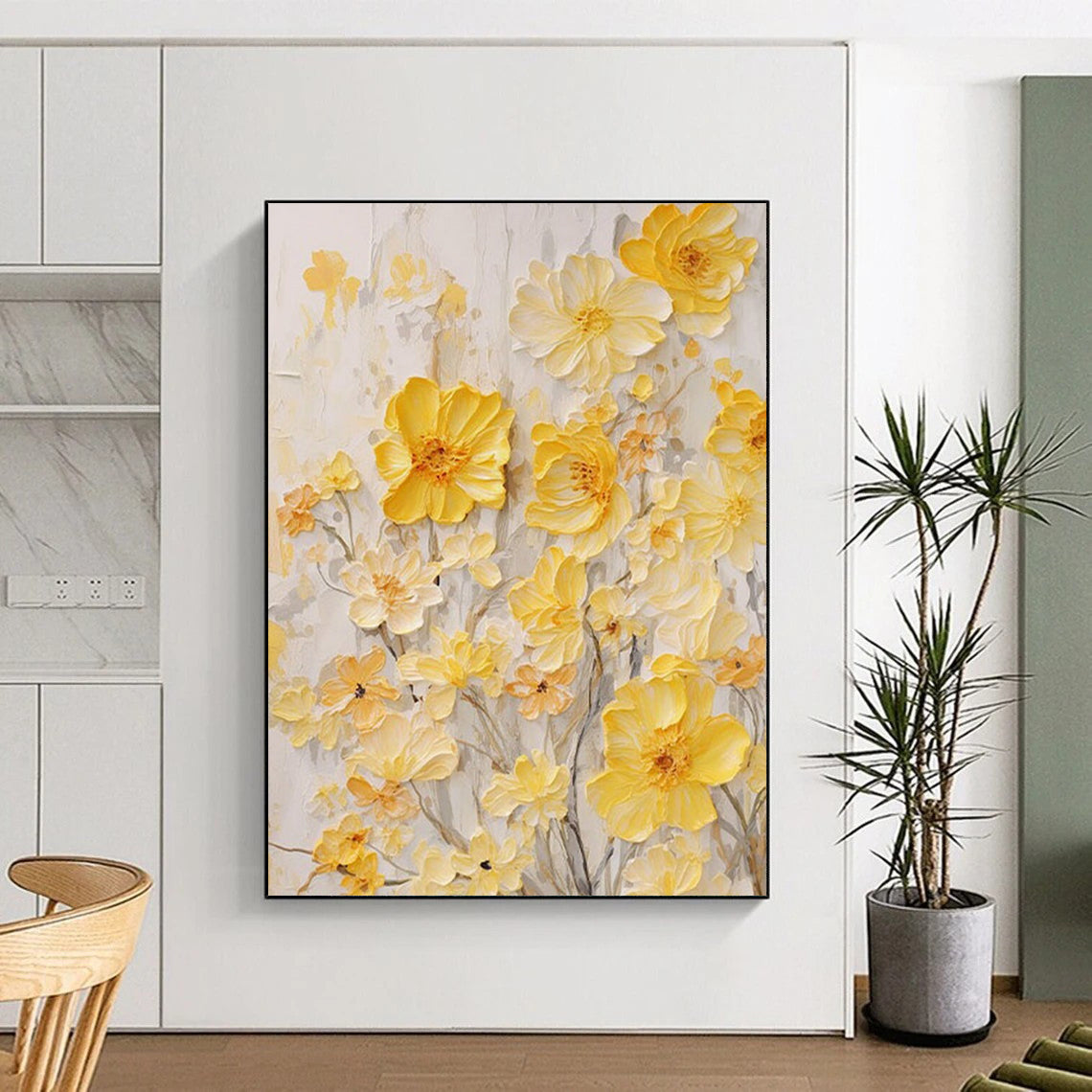 “Yellow Floral Relief” - Textured Floral Painting On Canvas DS289