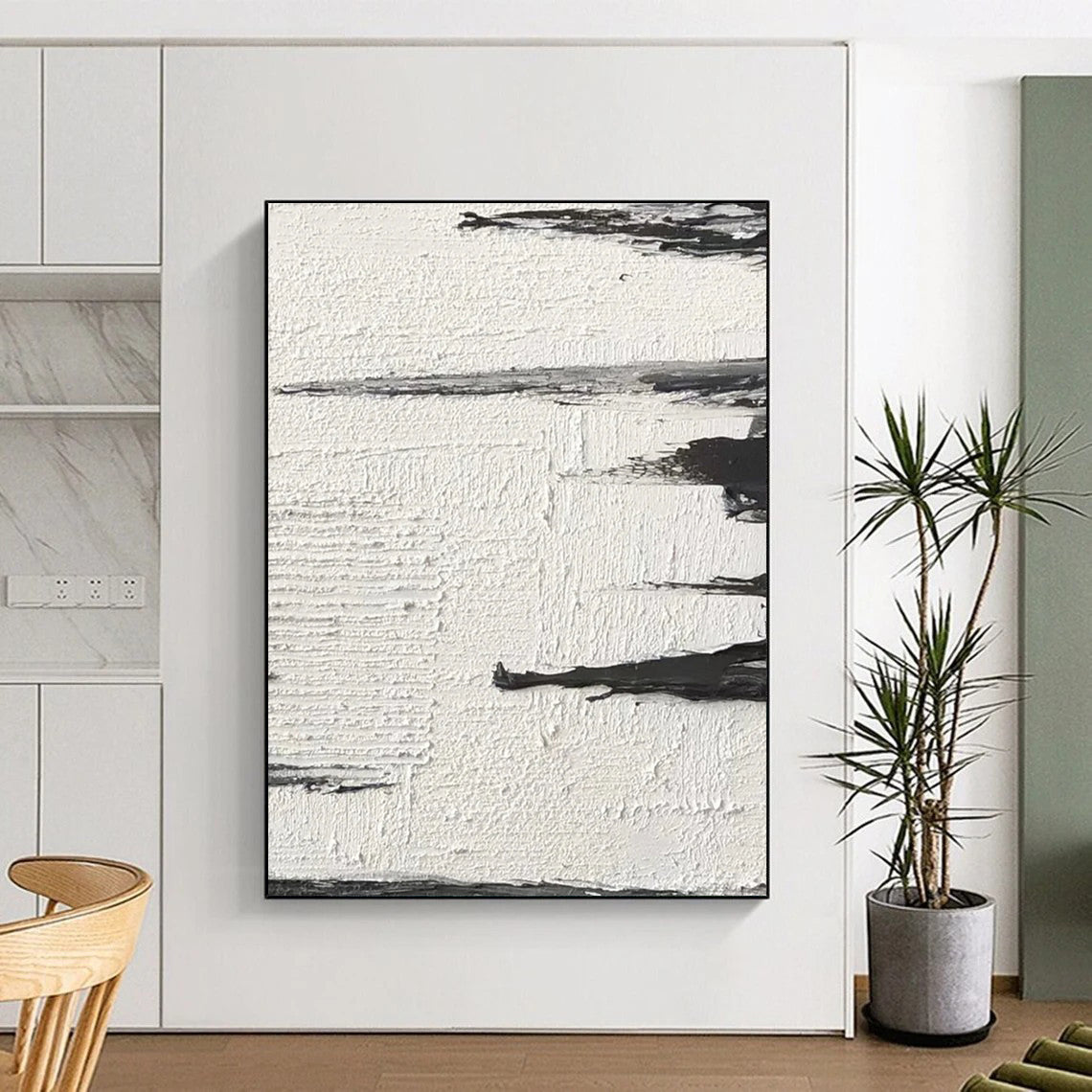 “Textured Black and White Abstract Horizons” - Layered Minimalist Painting On Canvas DS384