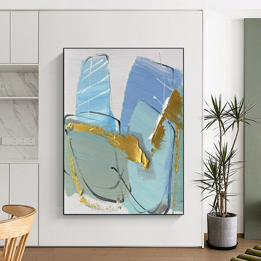 Blue, Gold, Gray Delicate Forms “Ocean’s Treasure” - Painting On Canvas PS0796