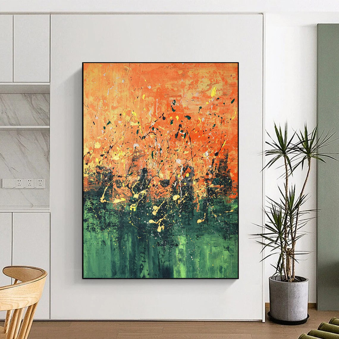 “Vibrant Orange and Green Abstract Splatter” - Abstract Expressionist Painting On Canvas PT1939
