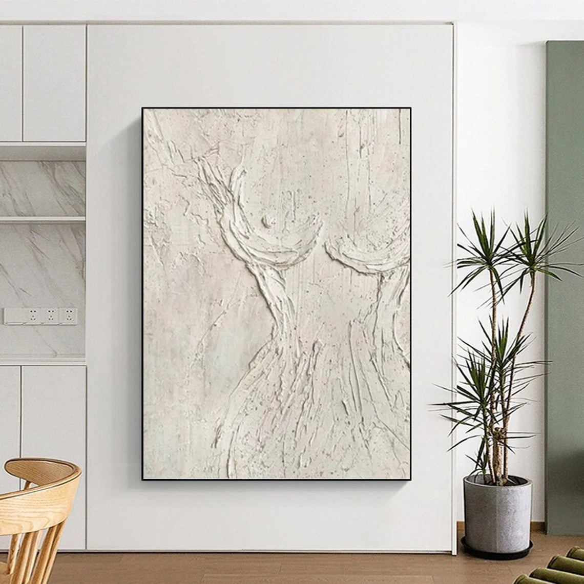 “White Textured Figure Abstract” - Minimalist Plaster Painting On Canvas PT0989