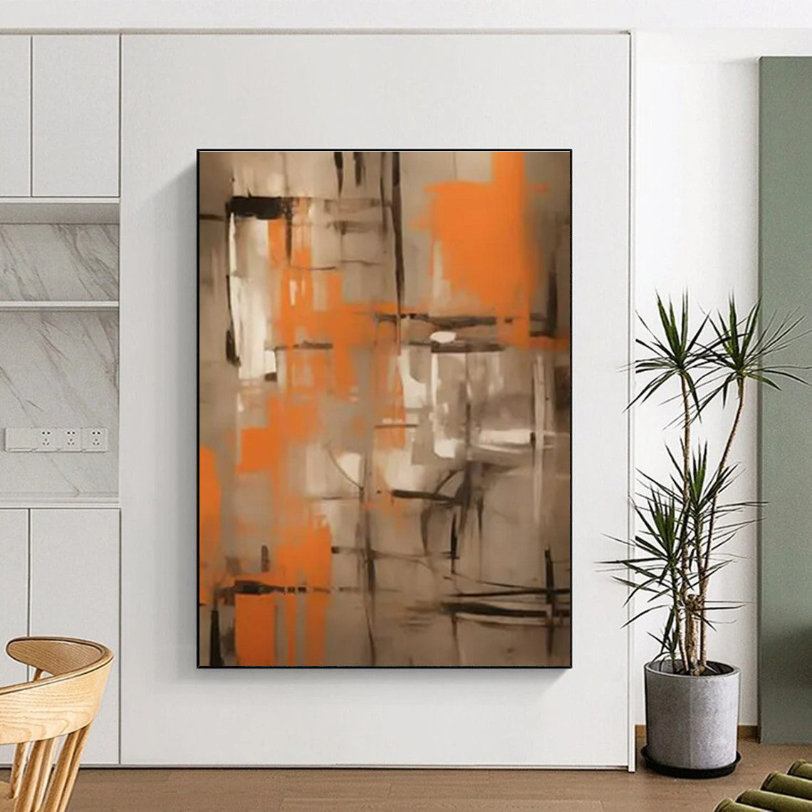 Orange & Grey Abstract Grid Painting On Canvas PS0816