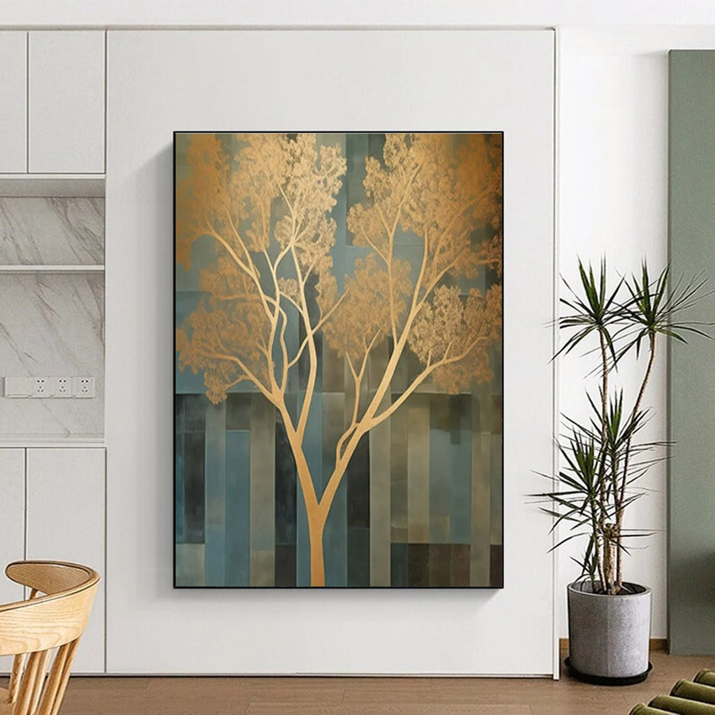 Gold & Blue Abstract Tree Painting On Canvas PS0827