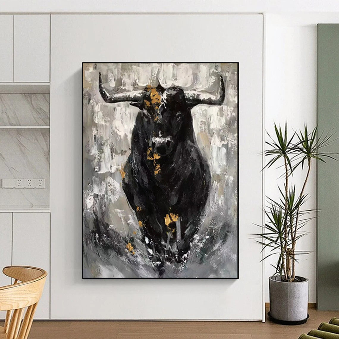 “Black - White - Gold Bull Portrait” - Expressionist Bull Painting On Canvas PT1971